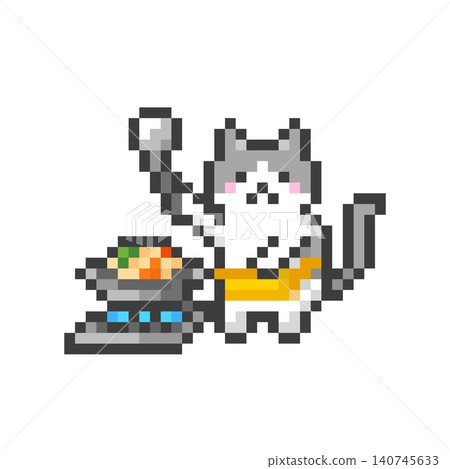 A calico cat cooking in pixel art style A calico cat cooking in pixel art style 140745633