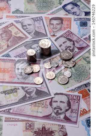 Cuba paper money, peso in various denominations. Cuba money 140746229