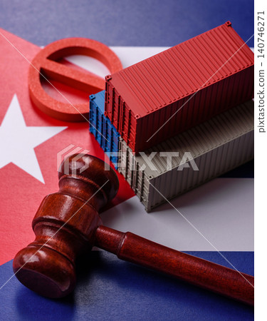 The cargo container ban on the Cuba flag as a conceptual backdrop. The cargo container embargo The cargo container ban on the Cuba flag as a conceptual backdrop. The cargo container embargo 140746271