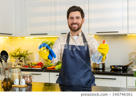 Middle-aged man smiling while cleaning kitchen table with cloth for home hygiene and freshness daily 140746361