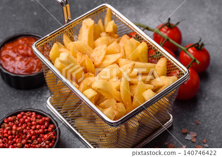 Golden French fries fried with salt and spices, unhealthy takeaway food. French fries Golden French fries fried with salt and spices, unhealthy takeaway food. French fries 140746422
