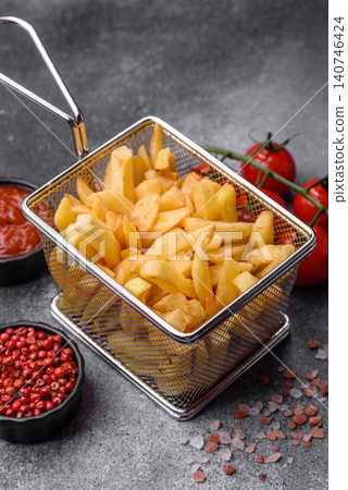 Golden French fries fried with salt and spices, unhealthy takeaway food. French fries Golden French fries fried with salt and spices, unhealthy takeaway food. French fries 140746424