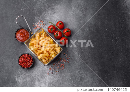 Golden French fries fried with salt and spices, unhealthy takeaway food. French fries Golden French fries fried with salt and spices, unhealthy takeaway food. French fries 140746425