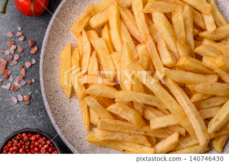 Golden French fries fried with salt and spices, unhealthy takeaway food. French fries Golden French fries fried with salt and spices, unhealthy takeaway food. French fries 140746430