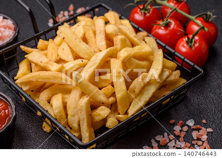 Golden French fries fried with salt and spices, unhealthy takeaway food. French fries Golden French fries fried with salt and spices, unhealthy takeaway food. French fries 140746443