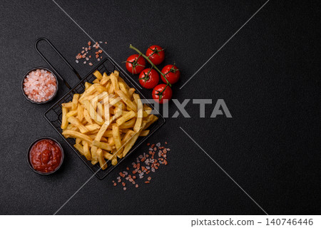 Golden French fries fried with salt and spices, unhealthy takeaway food. French fries Golden French fries fried with salt and spices, unhealthy takeaway food. French fries 140746446