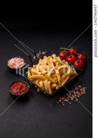 Golden French fries fried with salt and spices, unhealthy takeaway food. French fries 140746447