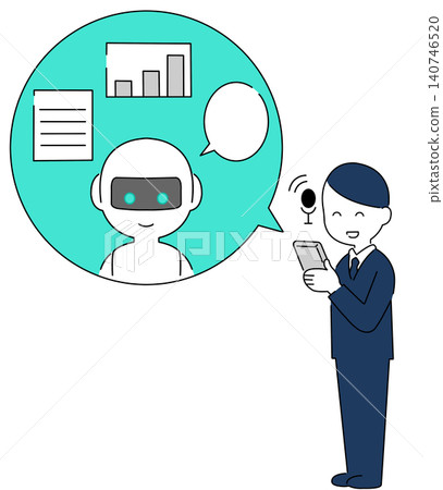 A full-body illustration of a smiling male businessman using a smartphone AI chatbot to improve work efficiency. A full-body illustration of a smiling male businessman using a smartphone AI chatbot to improve work efficiency. 140746520
