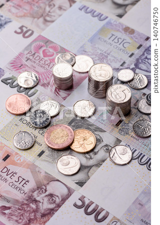 Czech paper money, koruna or crown, in various denominations for financial exchange. Czech koruna Czech paper money, koruna or crown, in various denominations for financial exchange. Czech koruna 140746750