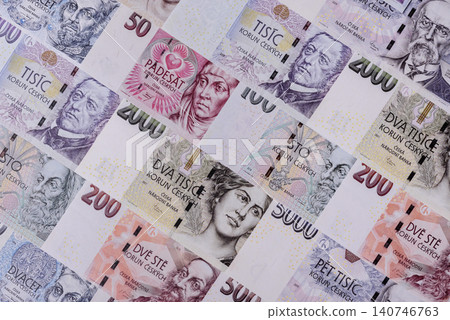 Czech paper money, koruna or crown, in various denominations for financial exchange. Czech koruna Czech paper money, koruna or crown, in various denominations for financial exchange. Czech koruna 140746763
