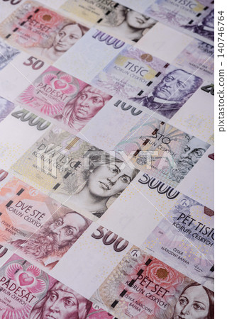 Czech paper money, koruna or crown, in various denominations for financial exchange. Czech koruna 140746764