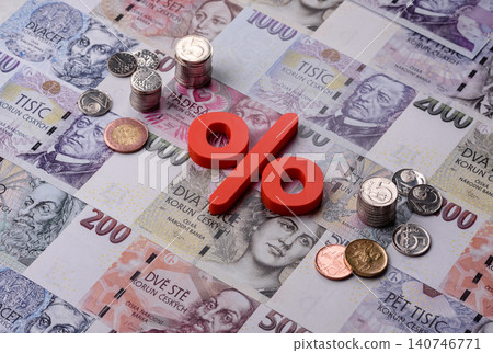 The percentage sign on cash as a concept for inflation, deposits, or tax. The percentage sign 140746771