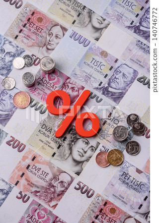 The percentage sign on cash as a concept for inflation, deposits, or tax. The percentage sign The percentage sign on cash as a concept for inflation, deposits, or tax. The percentage sign 140746772