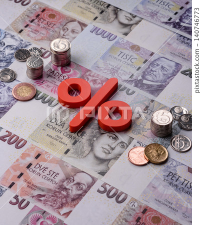 The percentage sign on cash as a concept for inflation, deposits, or tax. The percentage sign The percentage sign on cash as a concept for inflation, deposits, or tax. The percentage sign 140746773