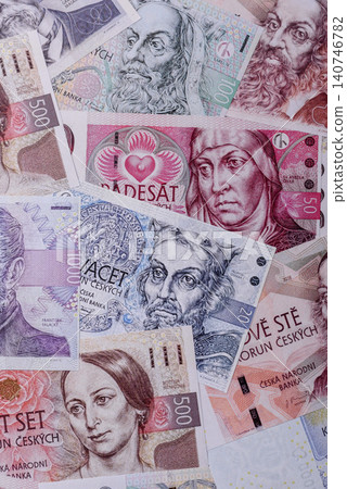 Czech paper money, koruna or crown, in various denominations for financial exchange. Czech koruna Czech paper money, koruna or crown, in various denominations for financial exchange. Czech koruna 140746782
