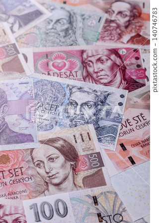 Czech paper money, koruna or crown, in various denominations for financial exchange. Czech koruna Czech paper money, koruna or crown, in various denominations for financial exchange. Czech koruna 140746783