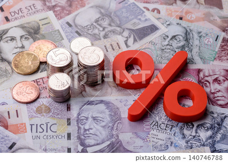The percentage sign on cash as a concept for inflation, deposits, or tax. The percentage sign 140746788