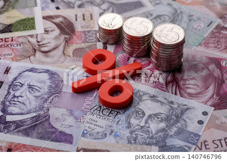 The percentage sign on cash as a concept for inflation, deposits, or tax. The percentage sign The percentage sign on cash as a concept for inflation, deposits, or tax. The percentage sign 140746796