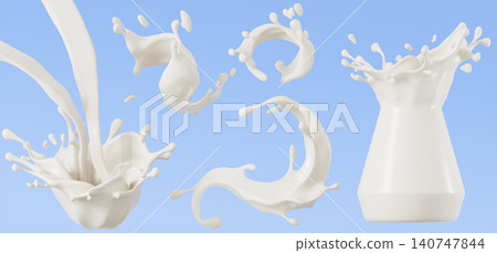 3D milk splashes set isolated on blue background. Render realistic of white paint, cream wave, yogurt swirl, liquid dairy circle crown shape, jug pouring drink with flying milky drops. 3D illustration 140747844