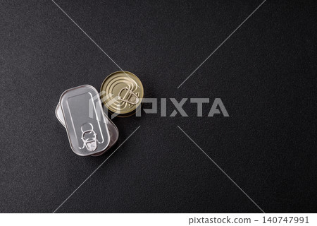 A metal tin can of meat, fish, or dog or cat food. A tin can of food 140747991