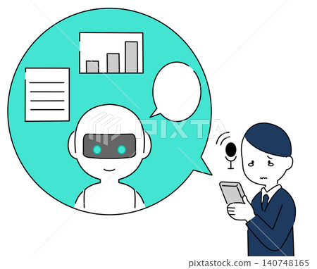 An illustration of the upper body of a crying male businessman using a smartphone AI chatbot to improve work efficiency. An illustration of the upper body of a crying male businessman using a smartphone AI chatbot to improve work efficiency. 140748165