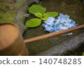 Blue hydrangeas floating in a water basin, creating a traditional Japanese atmosphere. 140748285