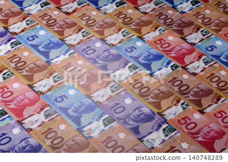 Money, currency of Canada, dollar banknotes of various denominations. Canadian money 140748289