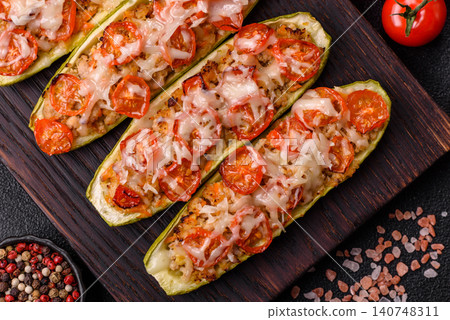 Baked zucchini half with minced meat, tomatoes, cheese, salt, and spices. Zucchini with minced meat Baked zucchini half with minced meat, tomatoes, cheese, salt, and spices. Zucchini with minced meat 140748311