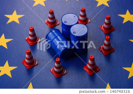 The cargo container ban on the EU flag as a conceptual backdrop . The cargo container embargo The cargo container ban on the EU flag as a conceptual backdrop . The cargo container embargo 140748328