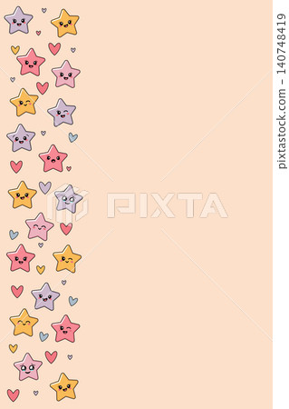 Kawaii star and heart vertical border frame with cute smiling stars characters, pastel colored hand drawn vector illustration with empty copy space for text, playful background for greeting cards 140748419