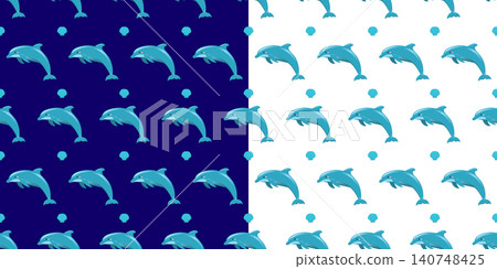Vector marine life seamless pattern set featuring adorable jumping blue dolphins, ocean wildlife repeat backdrop for children apparel, wallpaper and digital notebook scrapbooking Vector marine life seamless pattern set featuring adorable jumping blue dolphins, ocean wildlife repeat backdrop for children apparel, wallpaper and digital notebook scrapbooking 140748425