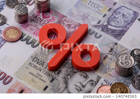 The percentage sign on cash as a concept for inflation, deposits, or tax. The percentage sign The percentage sign on cash as a concept for inflation, deposits, or tax. The percentage sign 140748563