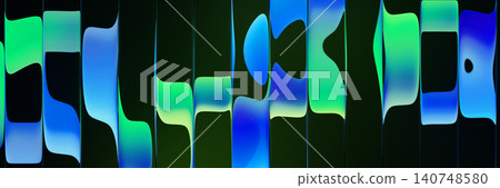 Ribbed fractal glass texture with neon blue and green gradient liquid waves on black 3d background. Abstract vertical stripe pattern. Luminous transparent surface with lighting effect. 3D illustration Ribbed fractal glass texture with neon blue and green gradient liquid waves on black 3d background. Abstract vertical stripe pattern. Luminous transparent surface with lighting effect. 3D illustration 140748580