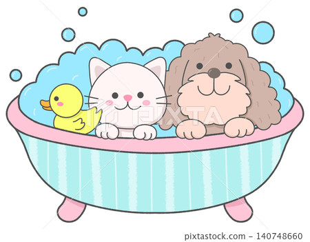 Cute Cat and Puppy Bath Time with Rubber Duck Cute Cat and Puppy Bath Time with Rubber Duck 140748660