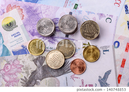 Argentina paper money, peso in various denominations. Argentine money 140748853