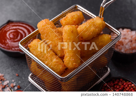 Mozzarella cheese sticks, breaded and fried with salt and tomato sauce, for takeaway. Cheese sticks Mozzarella cheese sticks, breaded and fried with salt and tomato sauce, for takeaway. Cheese sticks 140748868