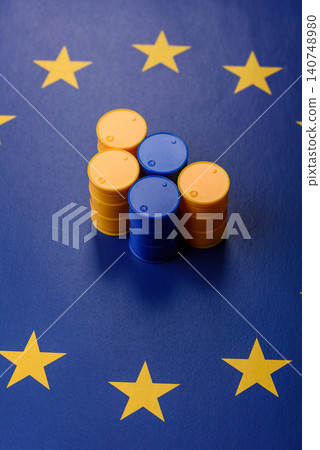 Metal barrels containing oil, gas, or chemicals, with a prohibition sign. Oil barrels 140748980