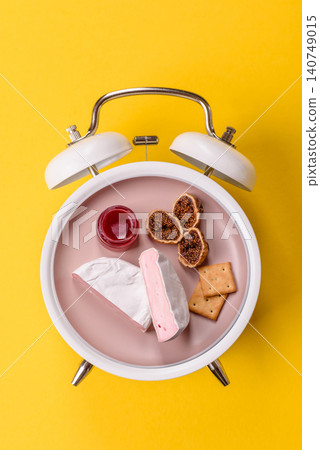 Pink Brie or Camembert cheese with honey, jam, figs, and crackers for a breakfast. Brie cheese Pink Brie or Camembert cheese with honey, jam, figs, and crackers for a breakfast. Brie cheese 140749015