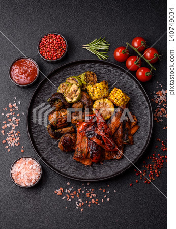 Vegetables such as corn, bell peppers, zucchini, and grilled mushrooms. Grilled vegetables 140749034