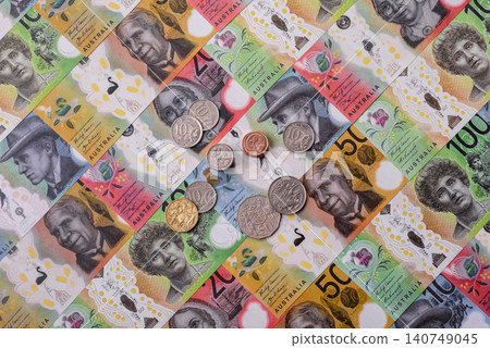 Australia, Australian paper money and coins, cash for financial transactions. Australian dollars Australia, Australian paper money and coins, cash for financial transactions. Australian dollars 140749045