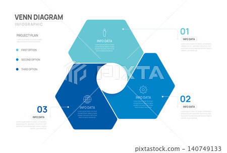 Venn diagram infographic chart template for business 3 geometric parts options, presentation with venn diagram elements vector illustration. Venn diagram infographic chart template for business 3 geometric parts options, presentation with venn diagram elements vector illustration. 140749133