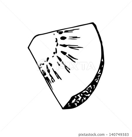 Hand-drawn simple vector illustration in black outline. Triangular slice of kiwi fruit isolated on a white background. Ingredient, cooking, dessert, vitamin, menu, logo, sticker. Hand-drawn simple vector illustration in black outline. Triangular slice of kiwi fruit isolated on a white background. Ingredient, cooking, dessert, vitamin, menu, logo, sticker. 140749383