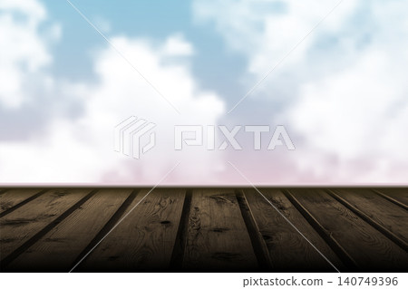 Wooden floor with cloudy sky background, empty mockup scene with copy space Wooden floor with cloudy sky background, empty mockup scene with copy space 140749396