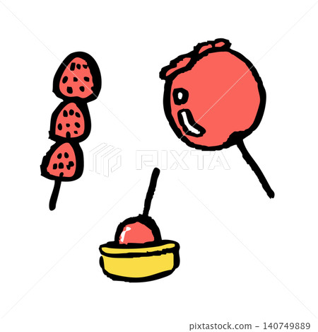 Hand-drawn illustrations of candied apples and candied fruit at a summer festival stall. Hand-drawn illustrations of candied apples and candied fruit at a summer festival stall. 140749889