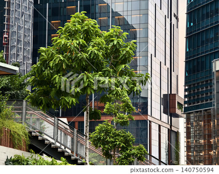 Contemporary urban architecture. Ecofriendly glass building nestled within urban garden setting Contemporary urban architecture. Ecofriendly glass building nestled within urban garden setting 140750594