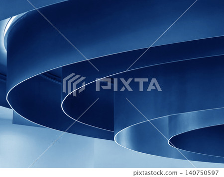 Blue spiral ceiling. Sleek blue circular ceiling features embedded lights and matte surface Blue spiral ceiling. Sleek blue circular ceiling features embedded lights and matte surface 140750597