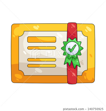 Illustration of certificate with a green ribbon and checkmark Illustration of certificate with a green ribbon and checkmark 140750925