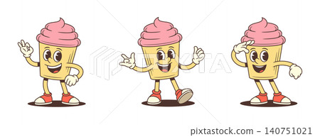 Funny Cupcake Character Set With Hand Gestures Retro Cartoon Vector Illustration 140751021