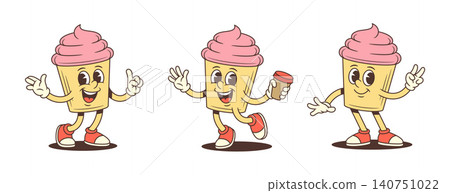 Happy Cupcake Character With Coffee Poses Retro Cartoon Vector Illustration Happy Cupcake Character With Coffee Poses Retro Cartoon Vector Illustration 140751022