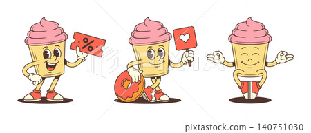 Cupcake Character With Coupon And Donut Poses Retro Cartoon Vector Illustration 140751030